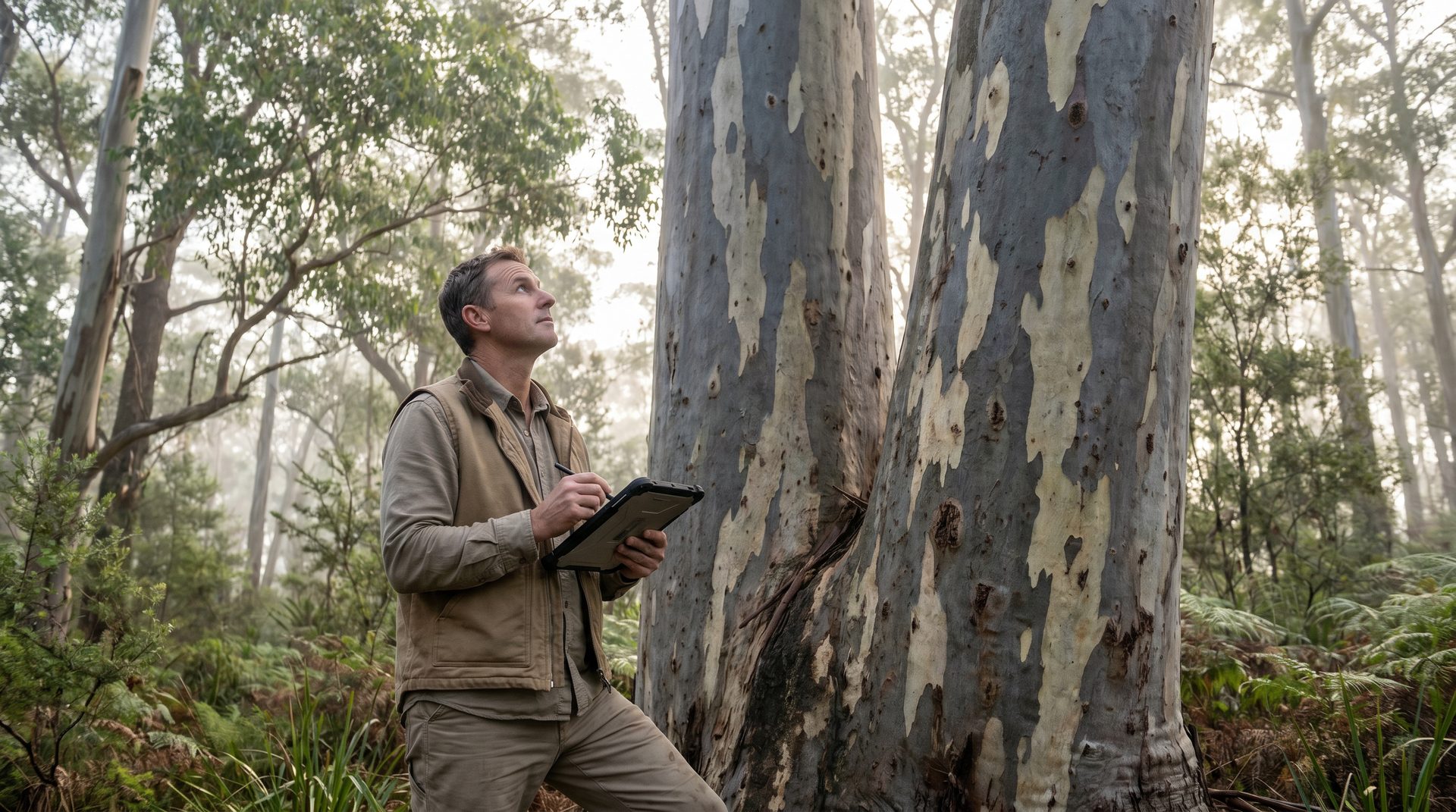 A consulting arborist assessing a mature Australian gum tree in early morning light