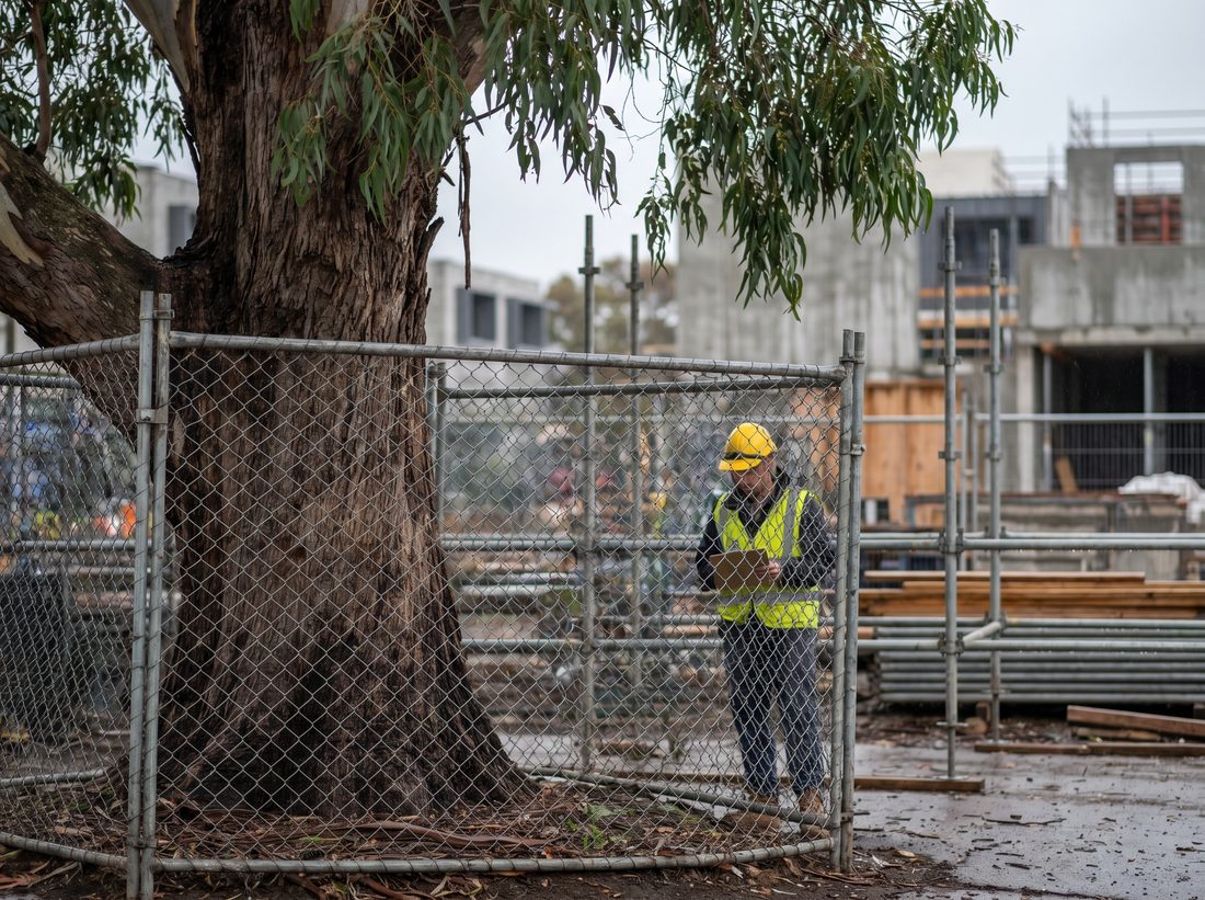 Tree protection fencing around a retained tree on a construction site